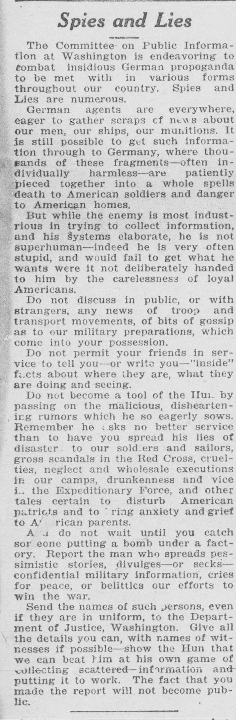 Spies and Lies, Trench and Camp, 19 June 1918