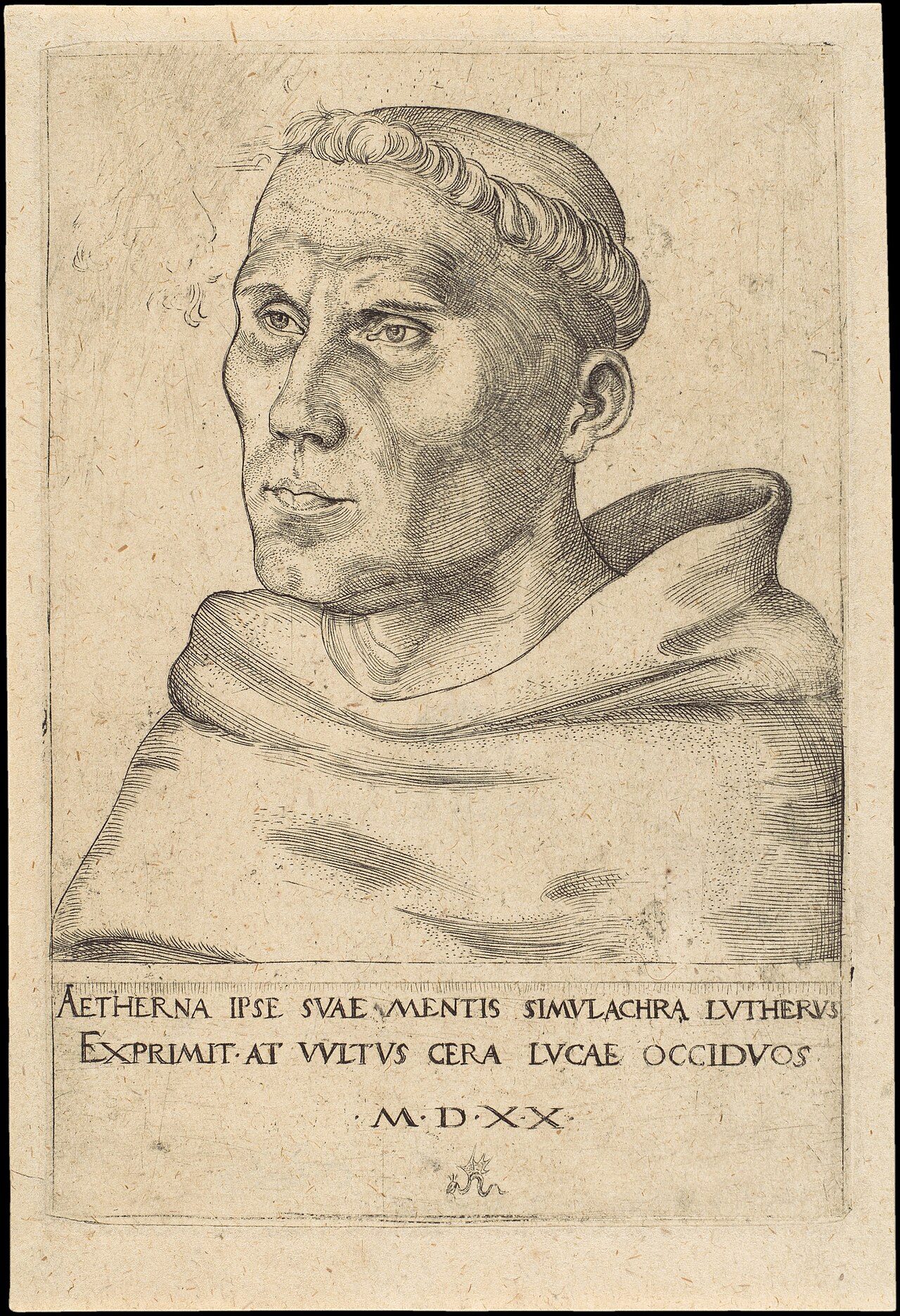 Cranach's 1520 engraving of Luther as an Augustinian friar in a cowl, with a Latin inscription below dated MDXX