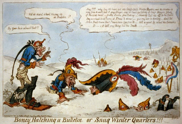 British print, December 1812: Napoleon, buried in snow to the neck, dictates a bulletin to a secretary while frozen soldiers' heads poke out of the drifts