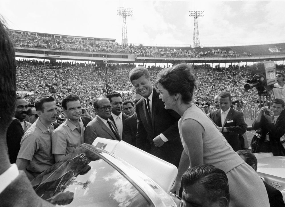 President Kennedy and Jacqueline Kennedy greet Brigade 2506 at the Orange Bowl, Miami, 29 December 1962. The brigade had been released from Cuban prisons that month.