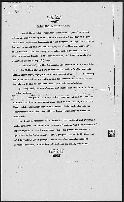 Typed page headed "Eyes Only" and "Brief History of Radio Swan", numbered paragraphs on the March 1960 approval, the island site, and selling airtime