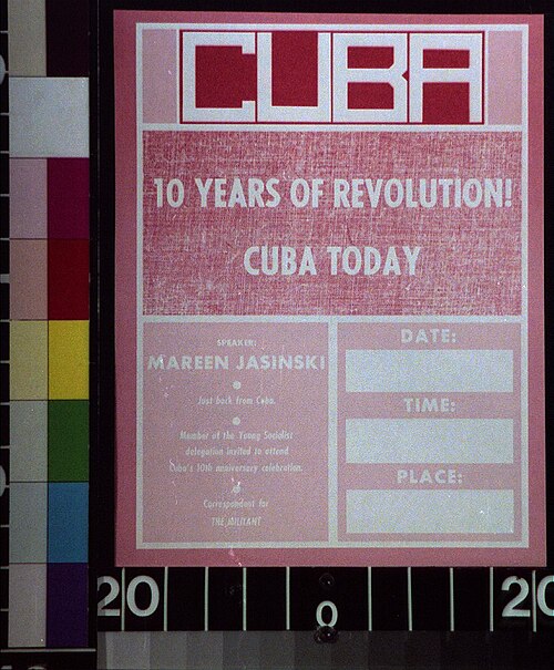 Handbill, "Cuba: 10 years of revolution! Cuba today," 1969. A blank date, time, and place sit under a speaker billed as just back from Cuba.