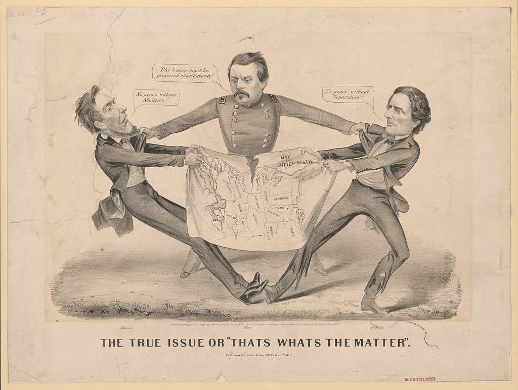 Lithograph: McClellan stands in the centre holding Lincoln and Davis by their lapels as they pull apart a map of the United States; speech: "No peace without Abolition!", "The Union must be preserved at all hazards!", "No peace without Separation!!"