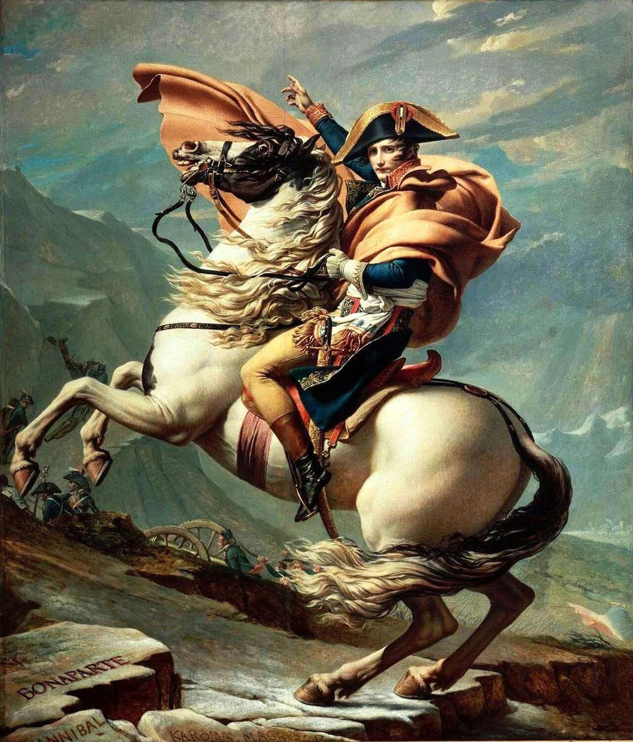 David, Bonaparte Crossing the Grand Saint-Bernard, 1801: Bonaparte on a rearing white horse on a mountain path, cloak blowing, pointing upward; names carved in the rock below