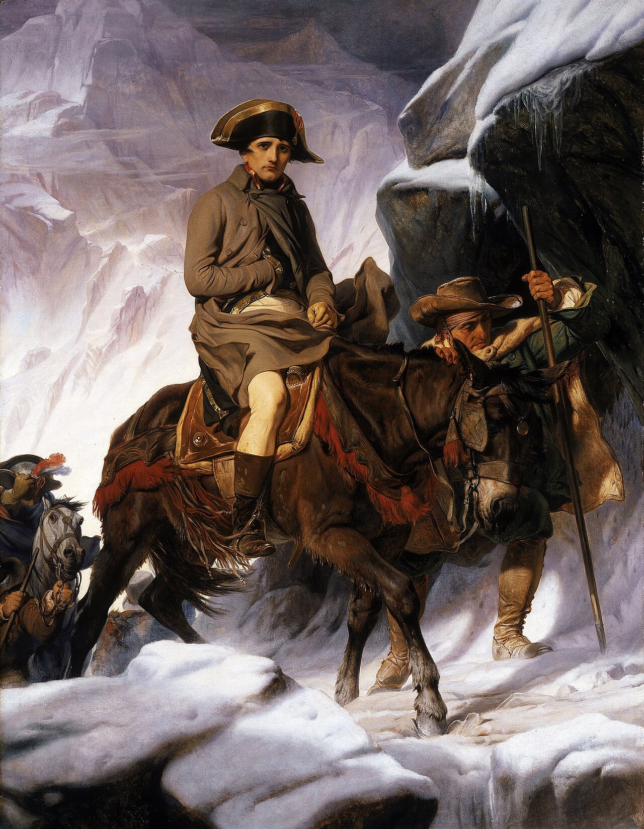 Delaroche, Bonaparte Crossing the Alps, 1850: Bonaparte, in a grey coat and hunched against the cold, rides a mule led by a guide through snow