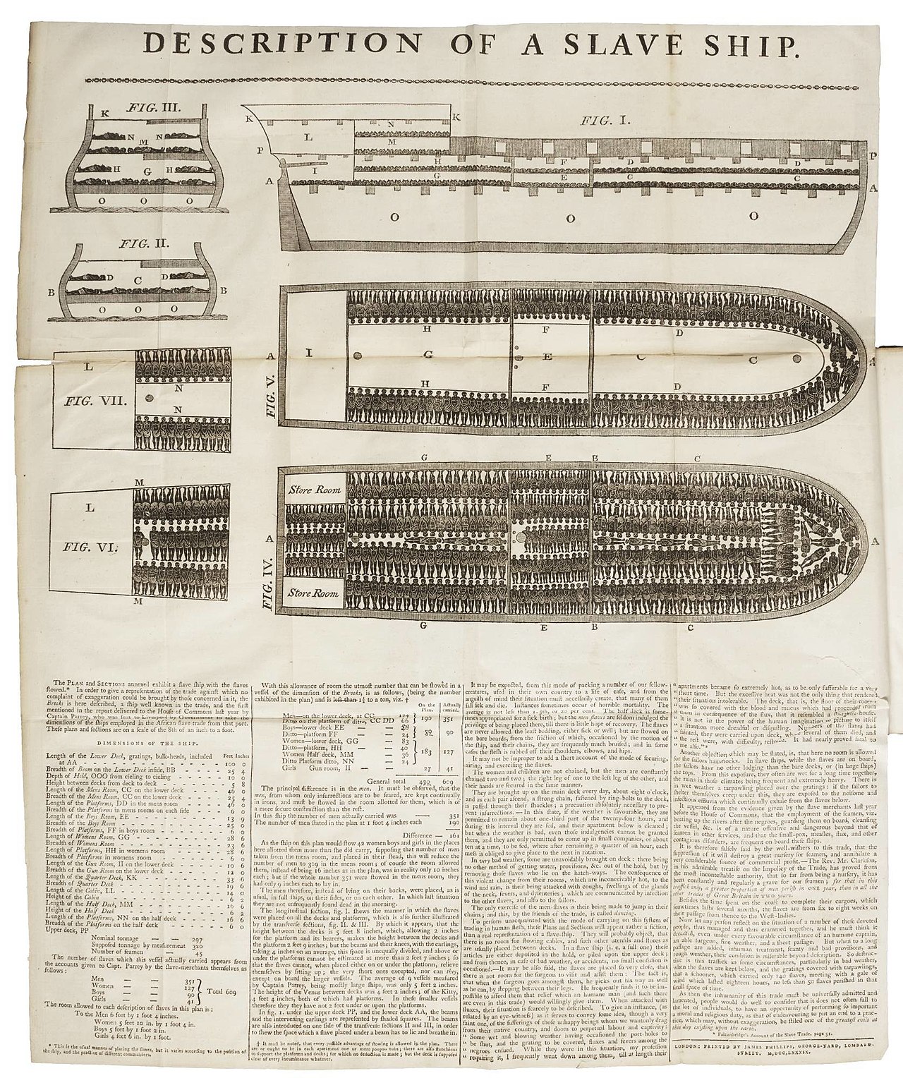 Plan and sections of the slave ship Brooks, showing enslaved people packed in rows on the decks, with a column of text and dimensions below