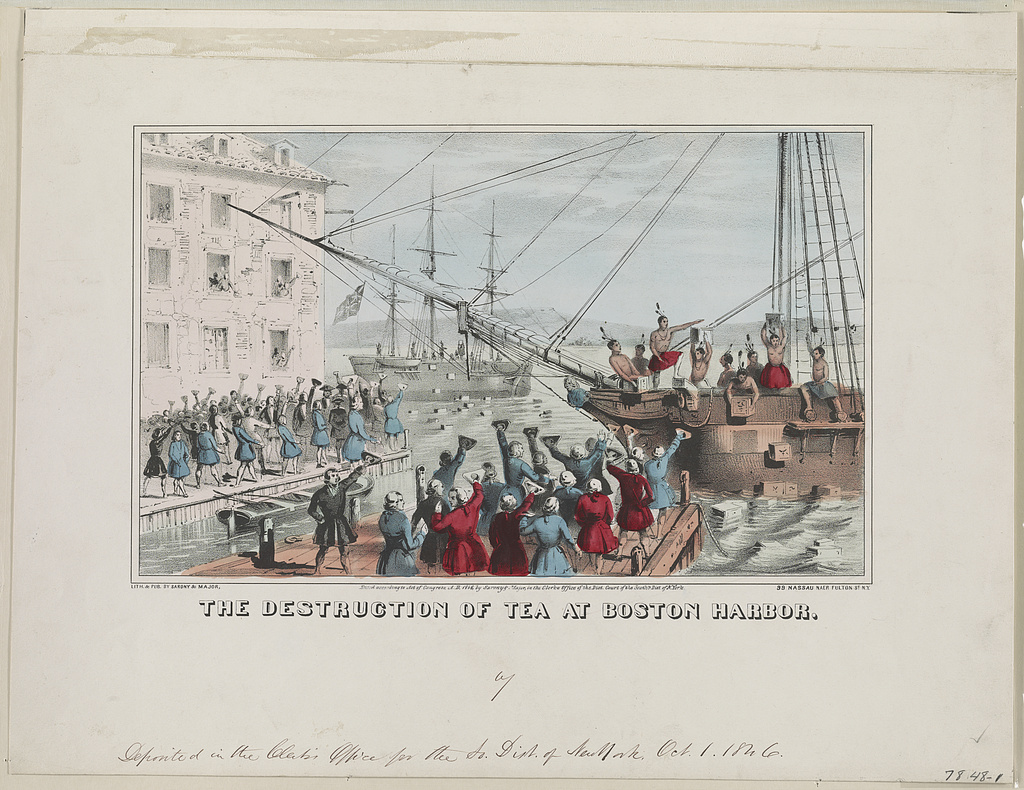 Lithograph titled "The Destruction of Tea at Boston Harbor": figures on a ship throw chests of tea into the water while a crowd on the wharf cheers