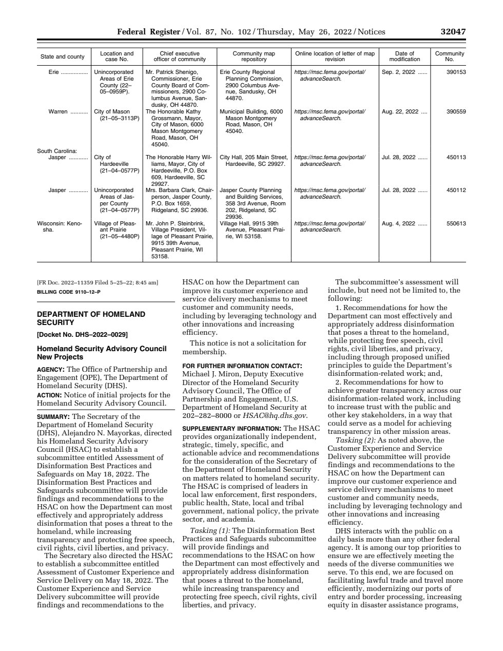 Two-column Federal Register page; the lower half is a Department of Homeland Security notice on new Homeland Security Advisory Council projects, including a subcommittee on disinformation best practices and safeguards