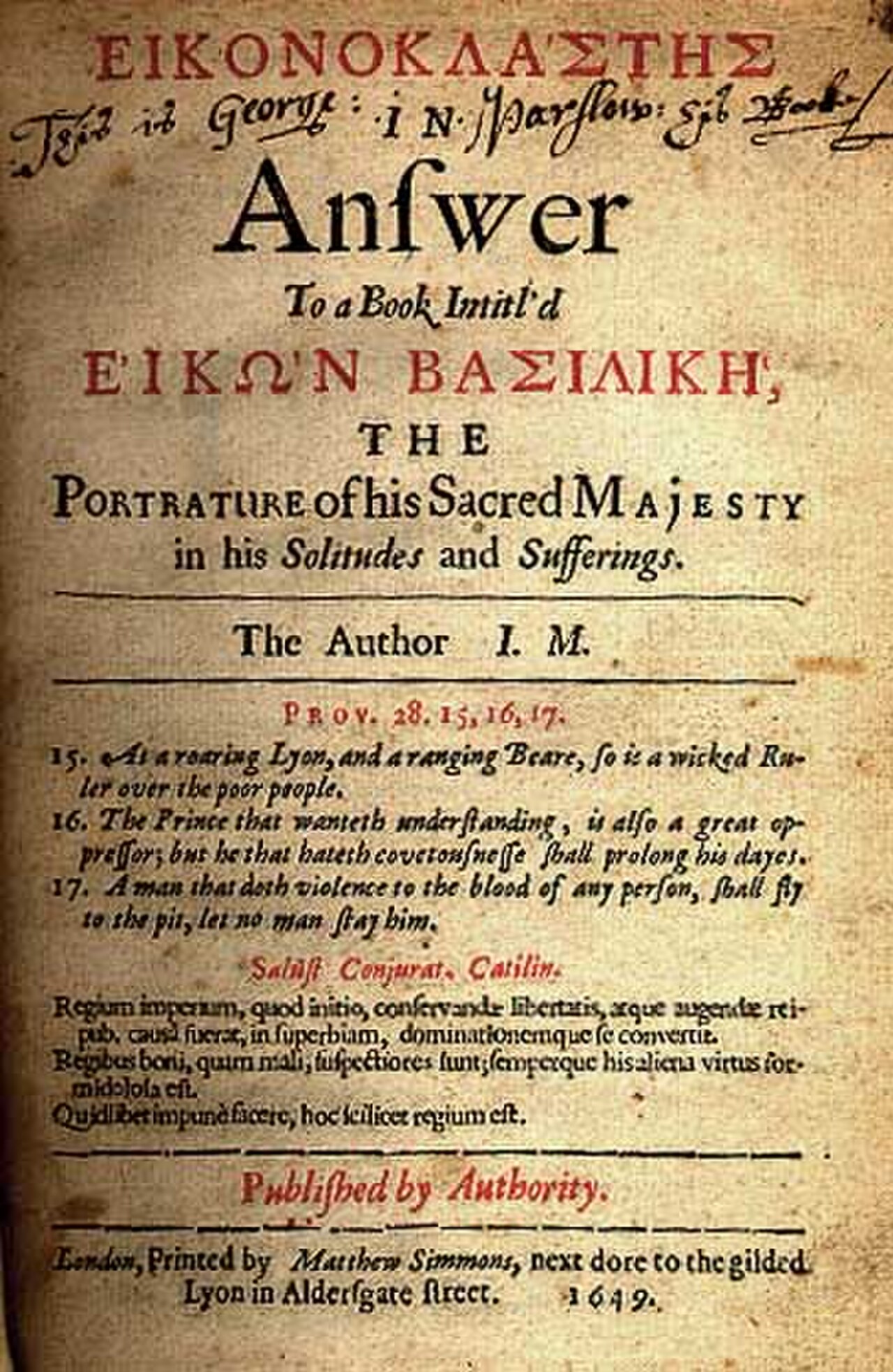 Title page of Eikonoklastes: in answer to a book intitl'd Eikon Basilike, the author I. M., with verses from Proverbs 28 and Sallust, "Published by Authority", London, printed by Matthew Simmons, 1649