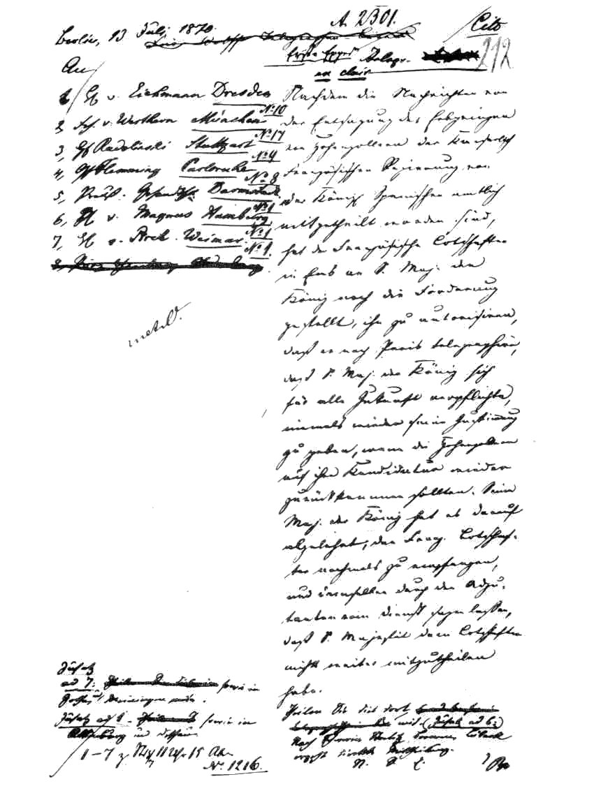 Facsimile of Bismarck's first circular telegram of 13 July 1870, the shortened Ems text