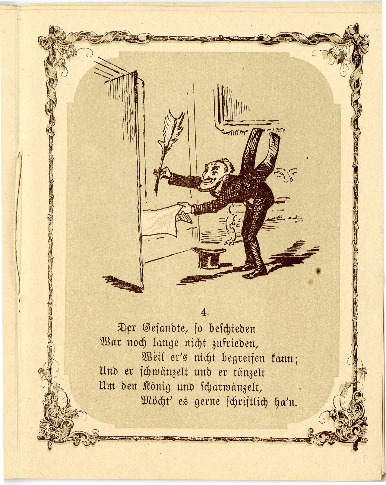 Page from the booklet: a caricatured Benedetti bows towards the king's door, a quill in one hand and a paper in the other