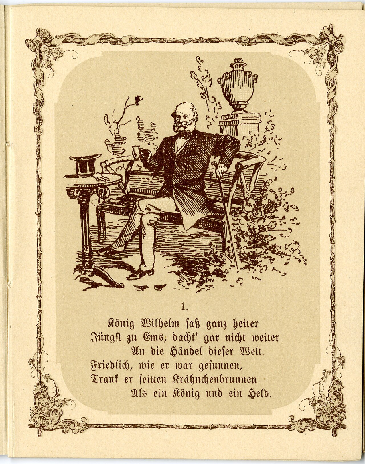 Page from a German booklet of 1870: King Wilhelm I sits on a garden bench drinking from a glass, with a four-line verse beginning "König Wilhelm saß ganz heiter / Jüngst zu Ems"