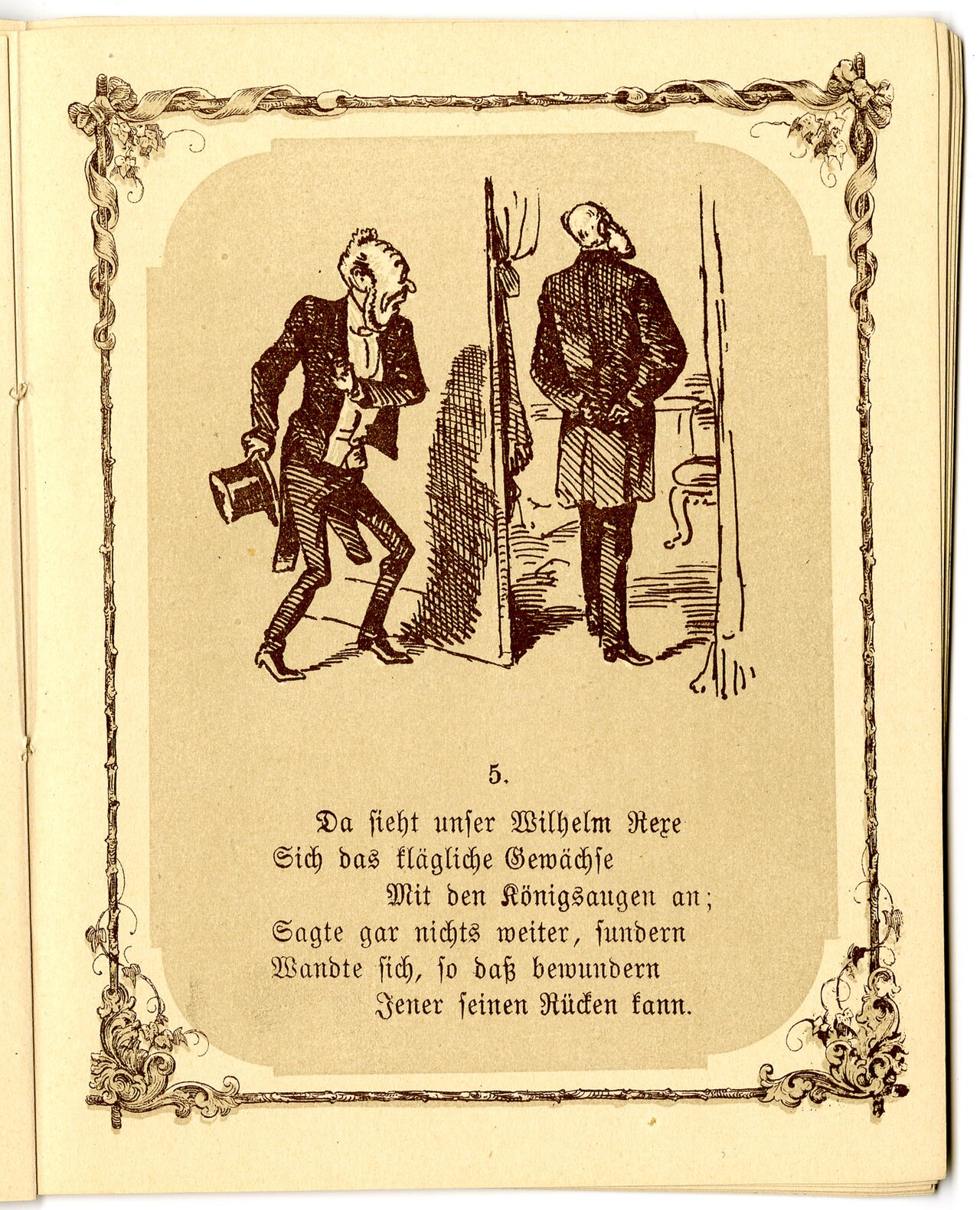 Page from the booklet: King Wilhelm turns his back on a stooped, hat-in-hand Benedetti