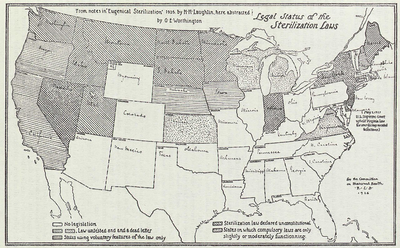 Map titled "Legal Status of the Sterilization Laws", from notes in Laughlin's Eugenical Sterilization (1926), reprinted in the Swedish government report SOU 1929:14