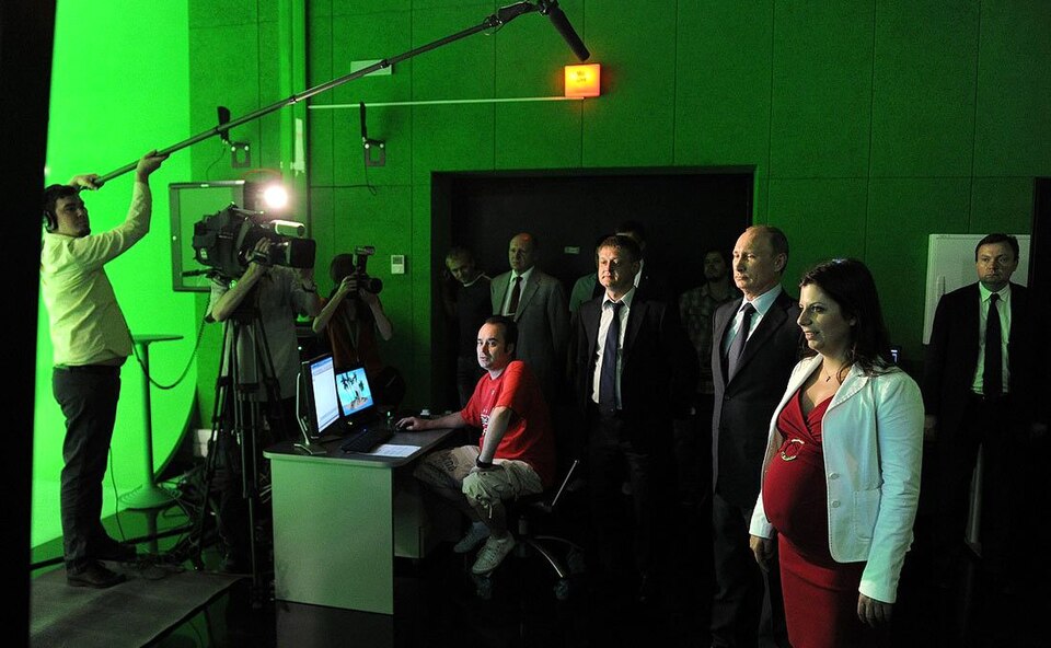 Vladimir Putin and Margarita Simonyan in a green-screen studio at the new RT broadcasting centre, Moscow, June 2013