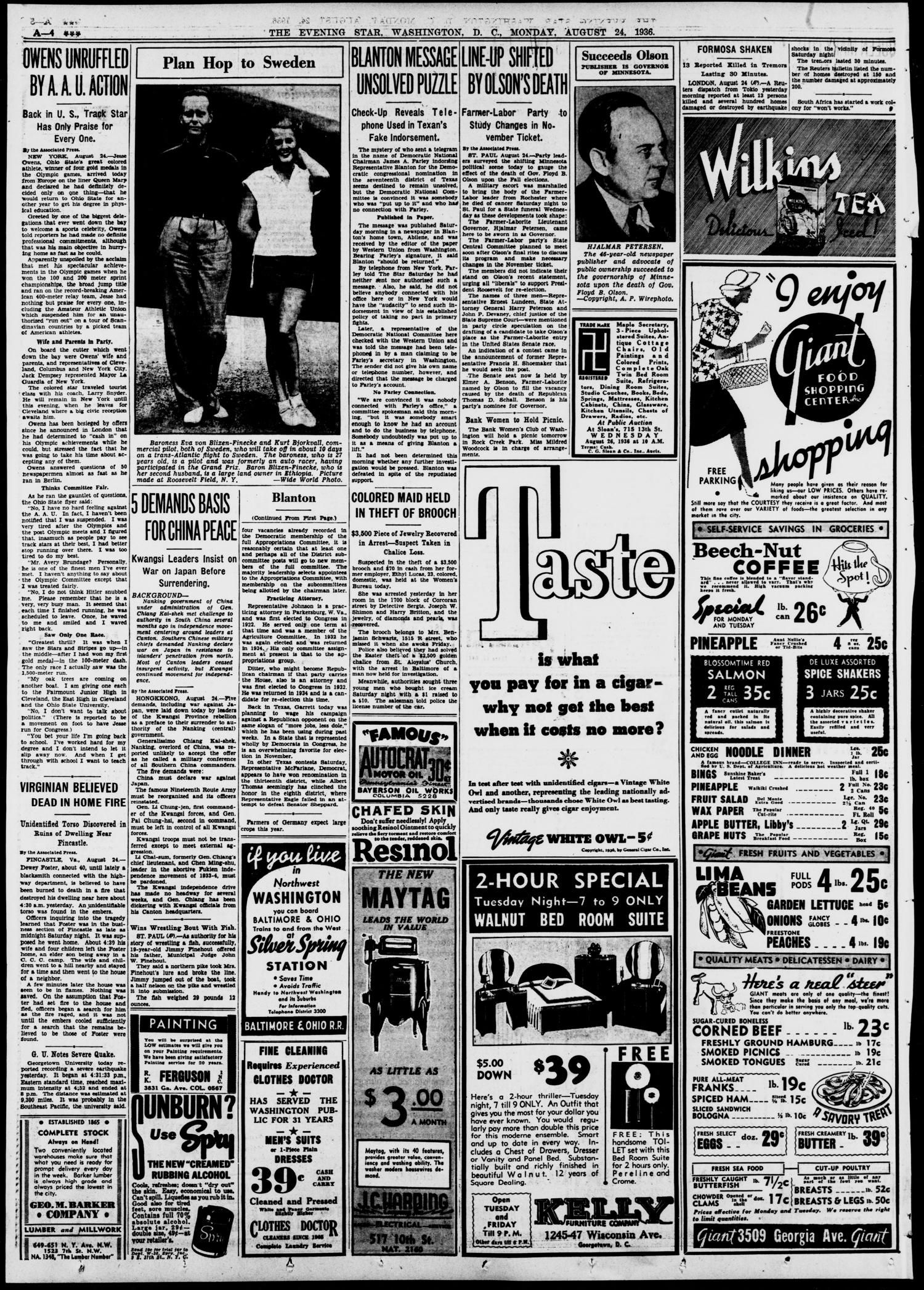 Evening Star (Washington) page 4, 24 August 1936, headline Owens unruffled by AAU action