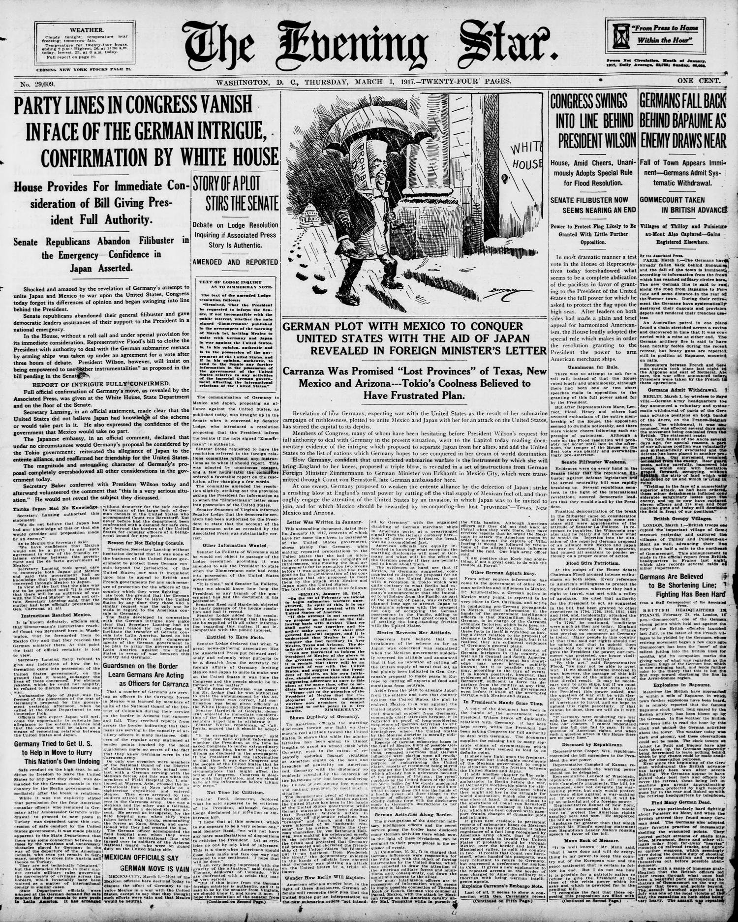Front page of the Evening Star, Washington, 1 March 1917, with the headline German plot with Mexico to conquer United States with the aid of Japan revealed in foreign minister's letter