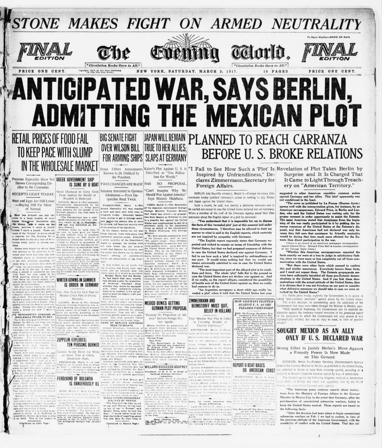 Front page of the Evening World, New York, 3 March 1917: Anticipated war, says Berlin, admitting the Mexican plot
