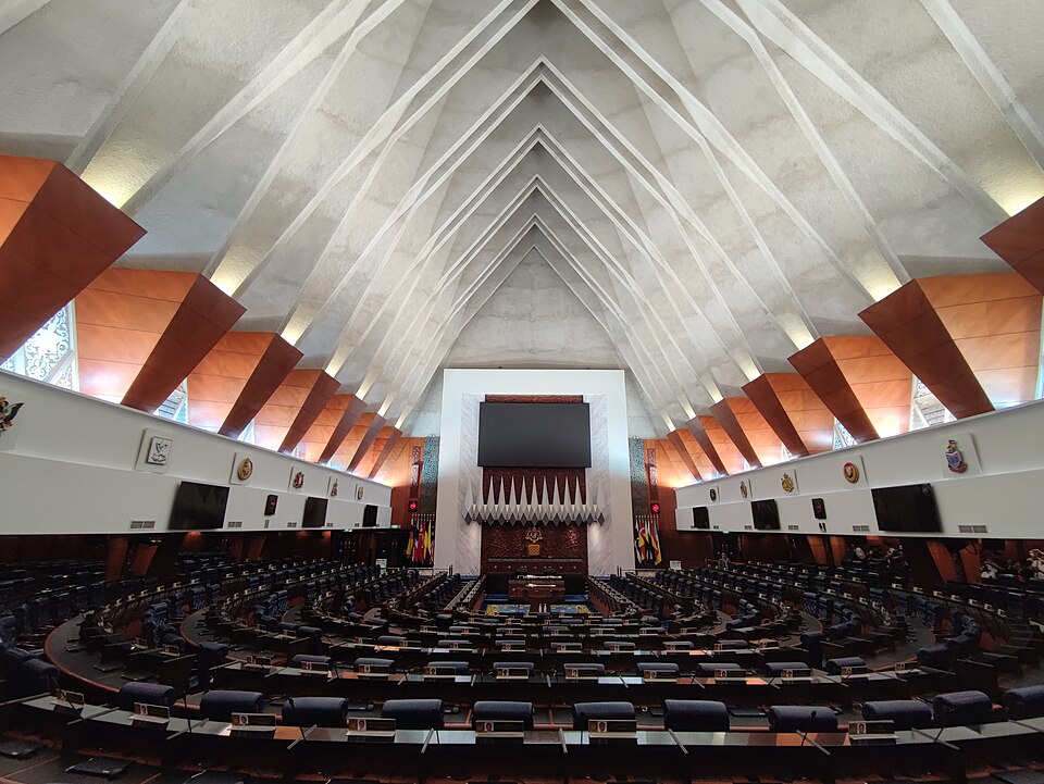 Interior of the Dewan Rakyat chamber, Parliament of Malaysia, Kuala Lumpur, May 2023