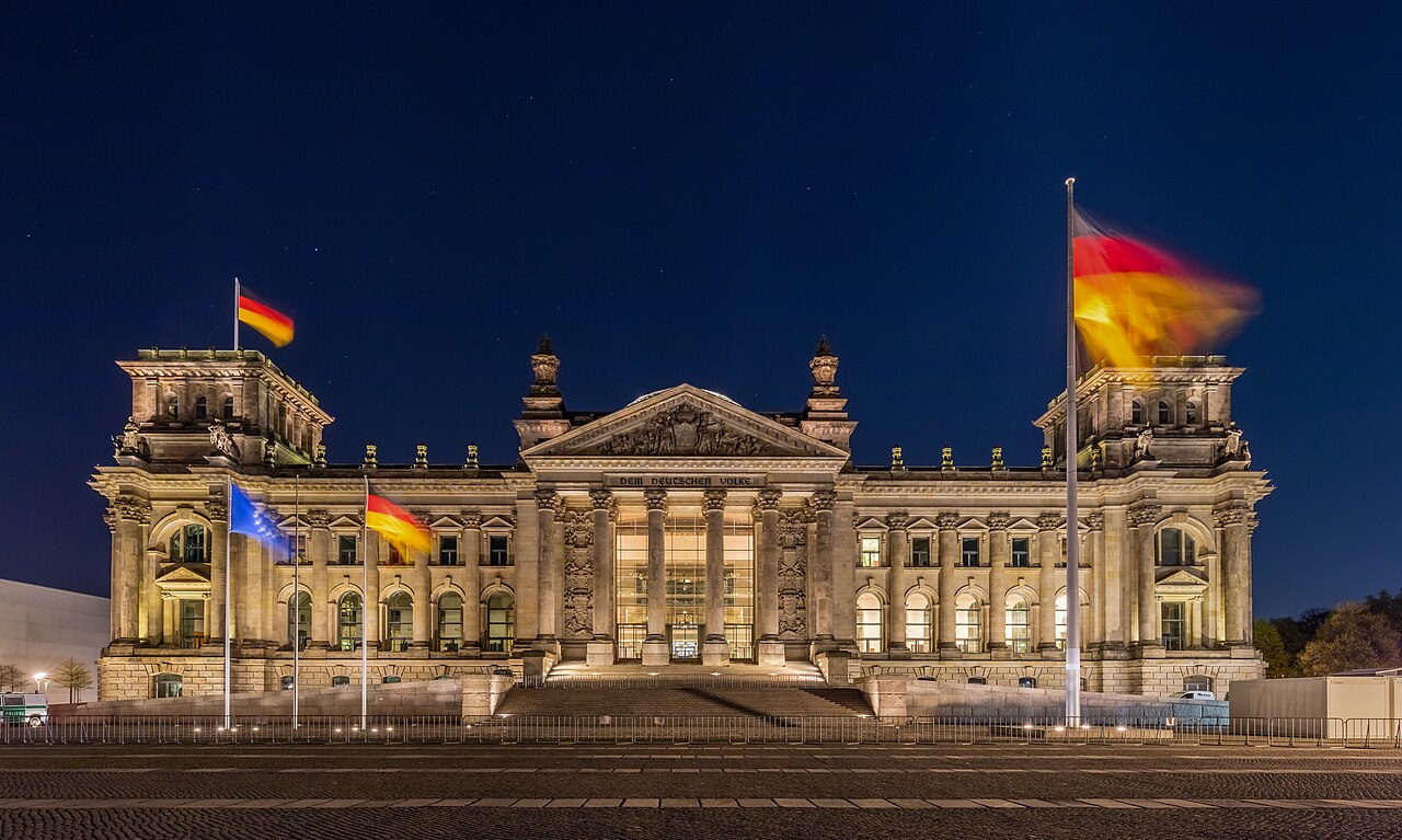 The Reichstag building in Berlin, seat of the Bundestag, at night, April 2016