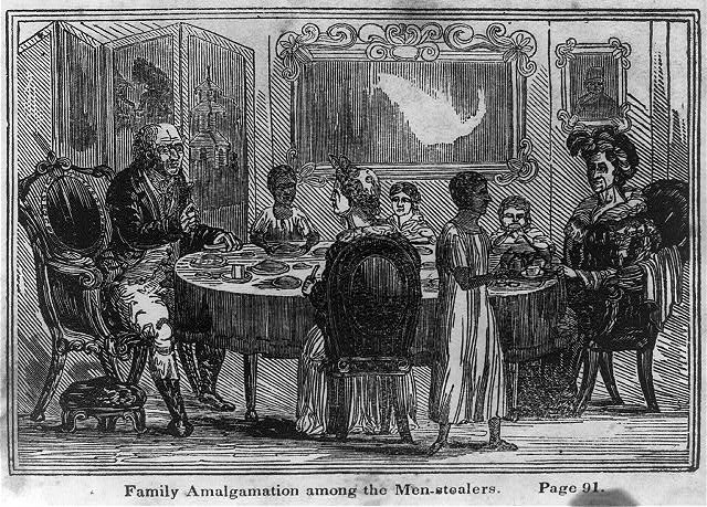 Woodcut "Family Amalgamation among the Men-stealers": a white family at dinner with light-skinned children at the table and a Black girl serving