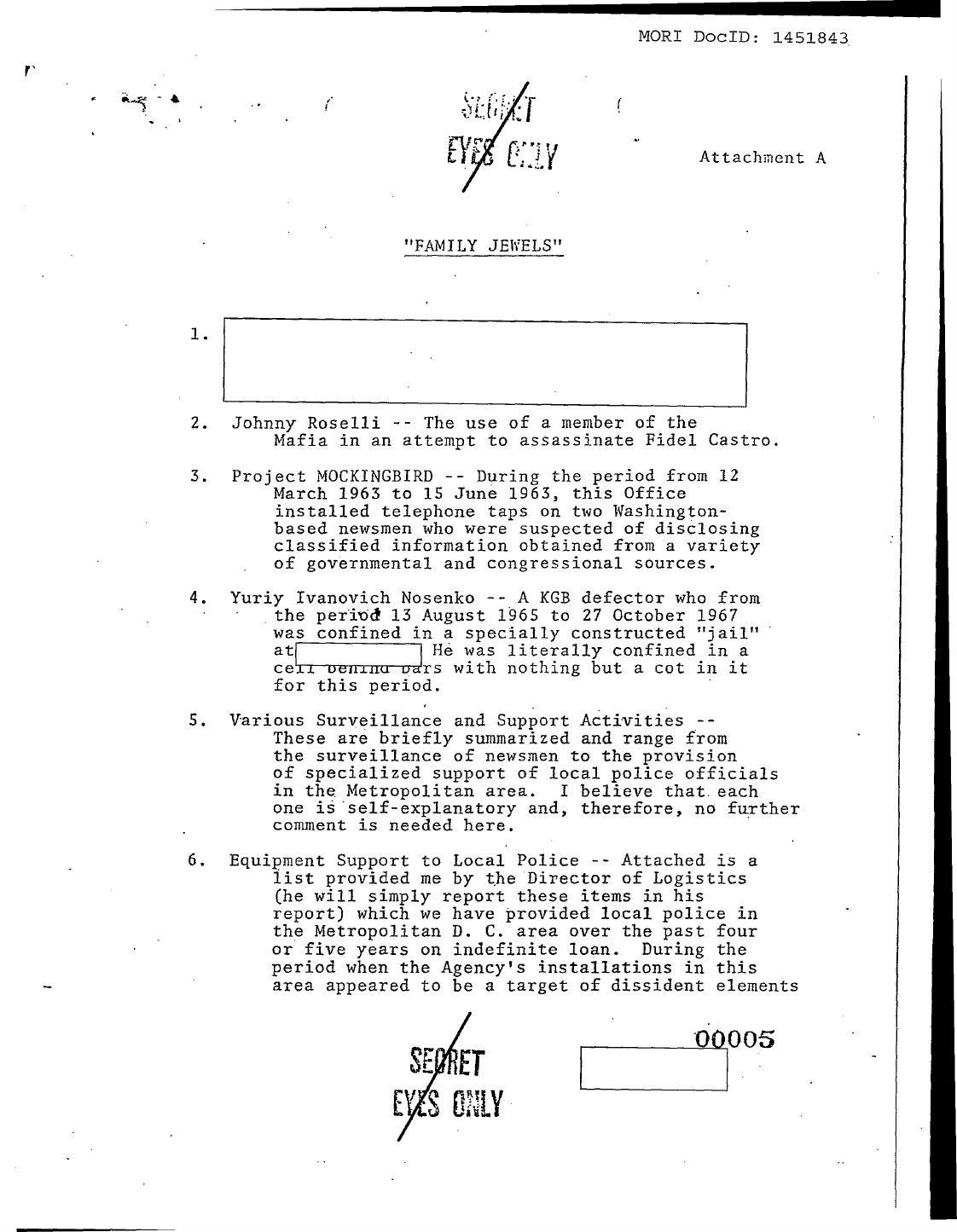 Attachment A of the Family Jewels, a numbered list that includes item 3, Project MOCKINGBIRD