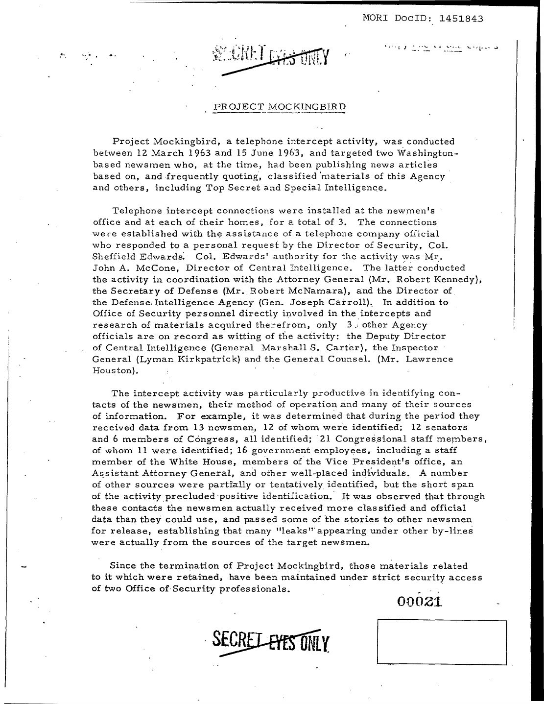 Page of the CIA's Family Jewels compilation titled Project MOCKINGBIRD, describing the 1963 telephone intercepts