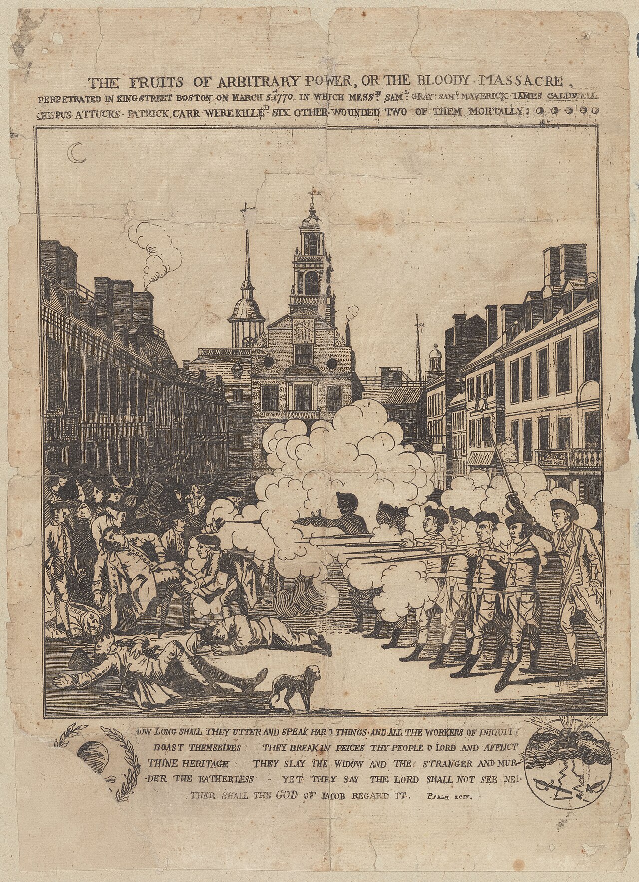 The Fruits of Arbitrary Power, or the Bloody Massacre: the same street scene in black and white, with a psalm verse printed below