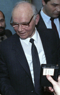 Vladimir Kryuchkov, chairman of the KGB, being interviewed by journalists at the Kremlin Palace during the 4th Congress of USSR People's Deputies, 1 December 1990