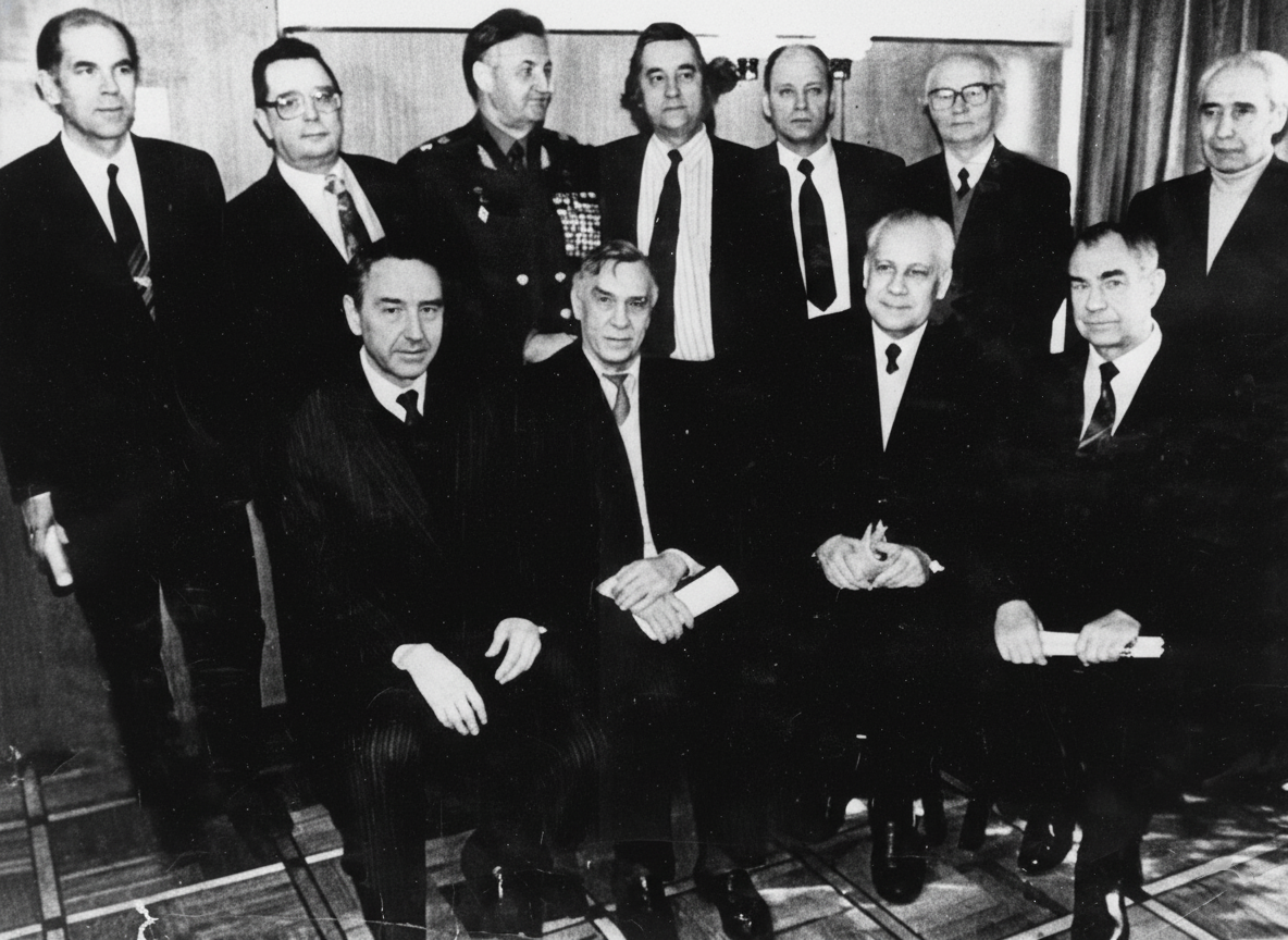 Journalist Alexander Prokhanov (standing, centre) with several GKChP members shortly after their release from pre-trial detention, February 1993