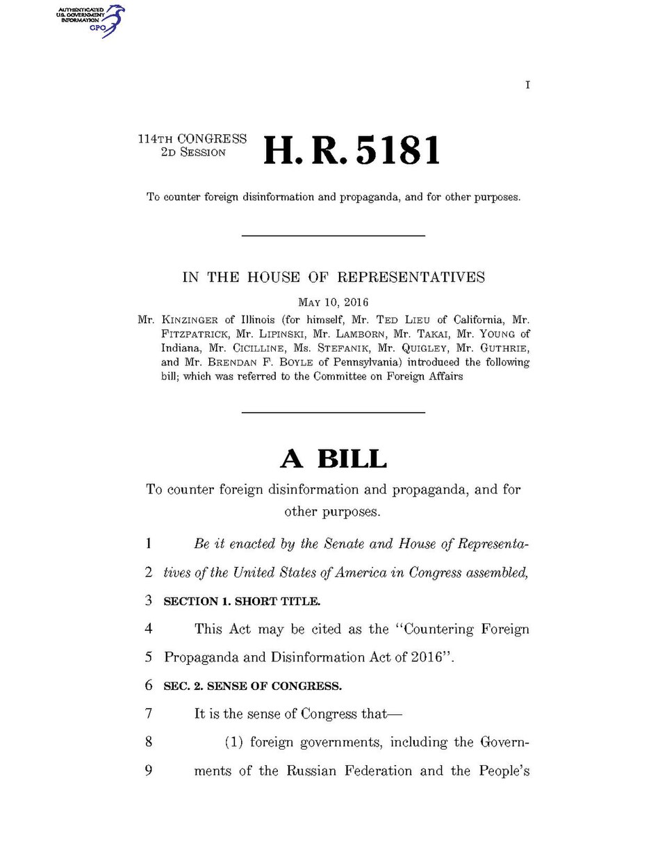 First page of H.R. 5181, the Countering Foreign Propaganda and Disinformation Act of 2016