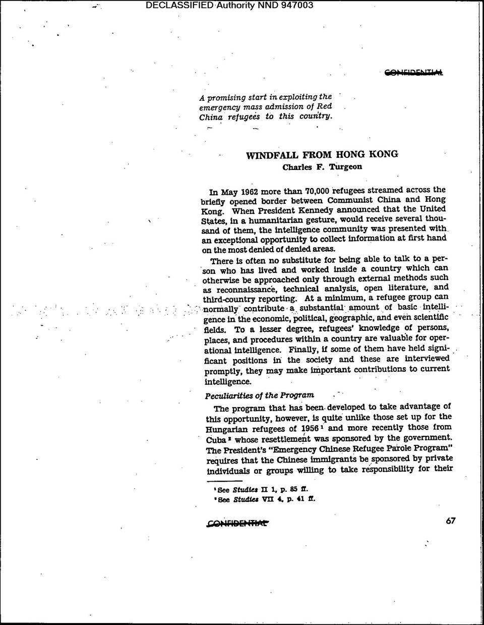 First page of "Windfall from Hong Kong", a CIA Studies in Intelligence article, Winter 1964