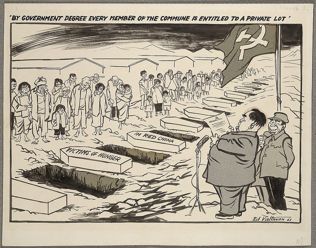 Ink editorial cartoon: a caricature of Mao Zedong, as the Library of Congress identifies it, reads a paper at a microphone beside a hammer-and-sickle flag, before a line of villagers and rows of open graves and coffins labelled "Victims of hunger in Red China"