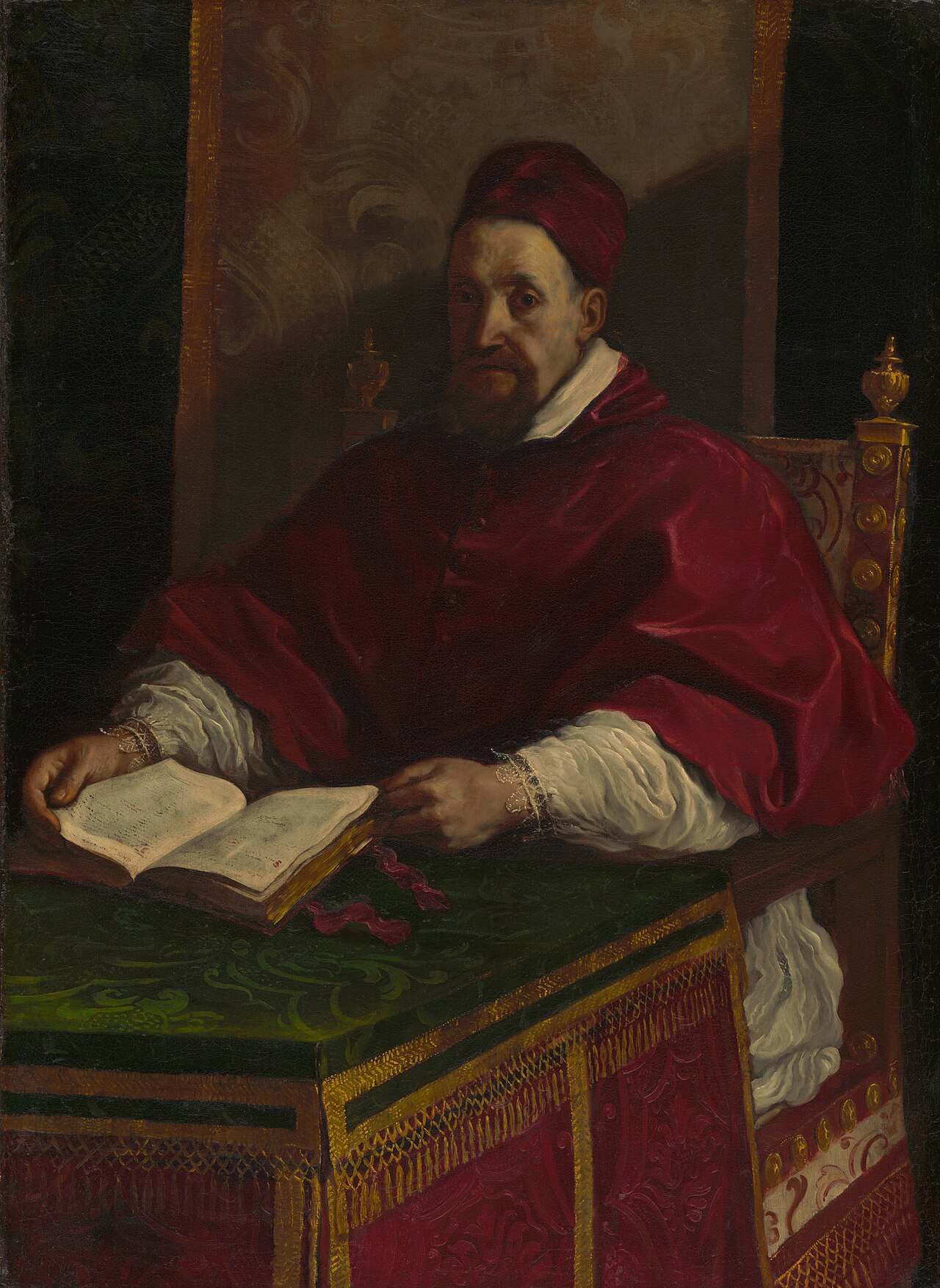 Pope Gregory XV, oil portrait by Guercino, seated at a table with an open book