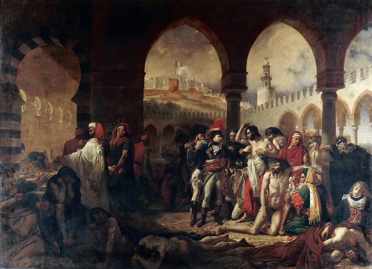 Gros, Bonaparte Visiting the Plague-Stricken at Jaffa, 1804: under Moorish arches Bonaparte touches the armpit sore of a half-naked plague victim; an officer beside him covers his mouth; the sick and dying lie in the foreground