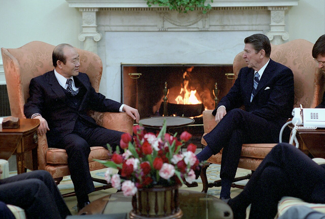 South Korean President Chun Doo Hwan meets U.S. President Ronald Reagan in the Oval Office, 2 February 1981