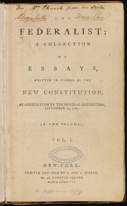 Title page of The Federalist, volume I, 1788