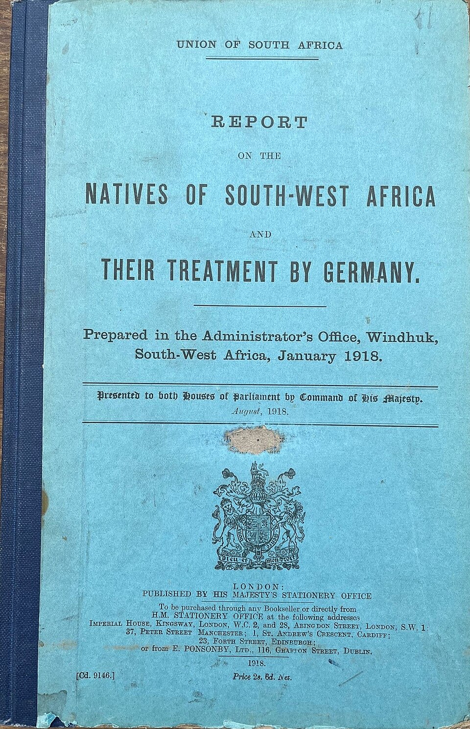 Cover of the 1918 Blue Book, Report on the Natives of South-West Africa and their Treatment by Germany, Cd. 9146