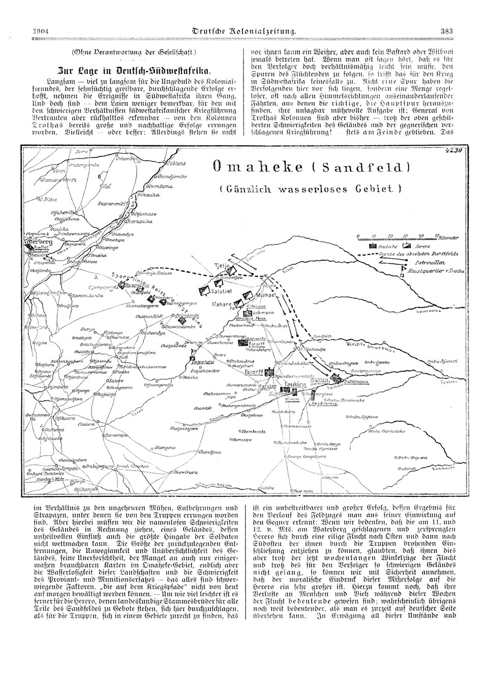 Deutsche Kolonialzeitung, 29 September 1904: map of the Omaheke marked as an entirely waterless area