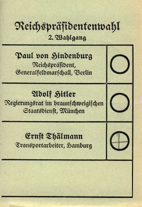 Ballot paper headed Reichspräsidentenwahl, 2. Wahlgang, with three rows for Paul von Hindenburg, Adolf Hitler and Ernst Thälmann, each with a circle; the Thälmann circle is marked with a cross