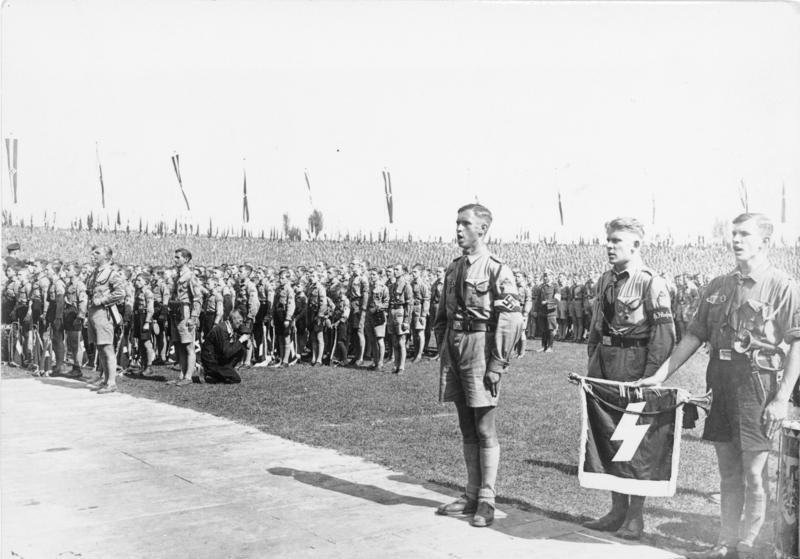 Hitler Youth members standing in formation for a roll call at the Nuremberg Rally grounds