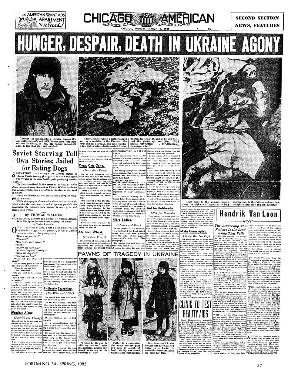 Chicago American, 4 March 1935: 'Hunger, Despair, Death in Ukraine Agony', from the 'Thomas Walker' series