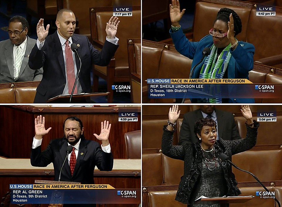 Four C-SPAN frames of members of Congress raising their hands on the House floor, 2014