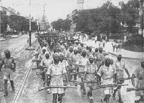 Indian National Army marching in Rangoon, 1944, from the Japanese government magazine Shashin Shūhō