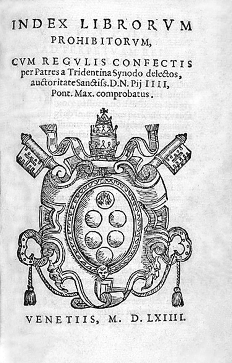 Title page of the Index librorum prohibitorum with the rules drawn up by the Fathers chosen by the Council of Trent, approved by Pius IV, Venice edition