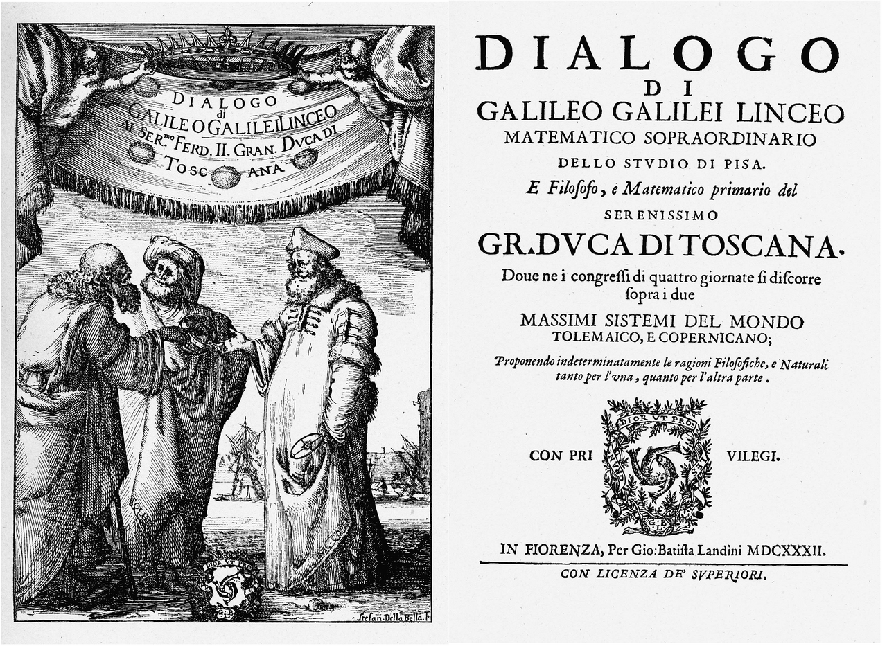 Frontispiece by Stefano della Bella and title page of Galileo's Dialogo, Florence 1632, with the line "Con licenza de' Superiori"