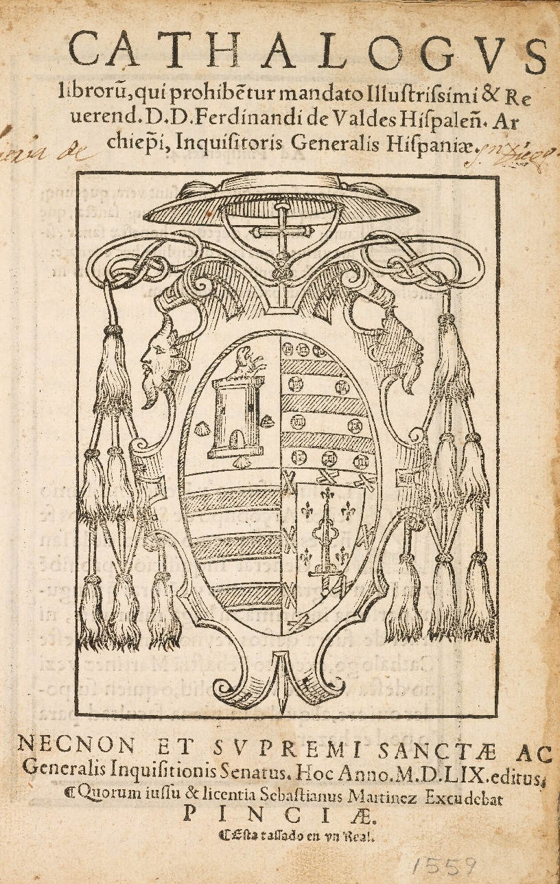 Title page of the Spanish Inquisition's 1559 catalogue of prohibited books issued by Fernando de Valdés, Valladolid