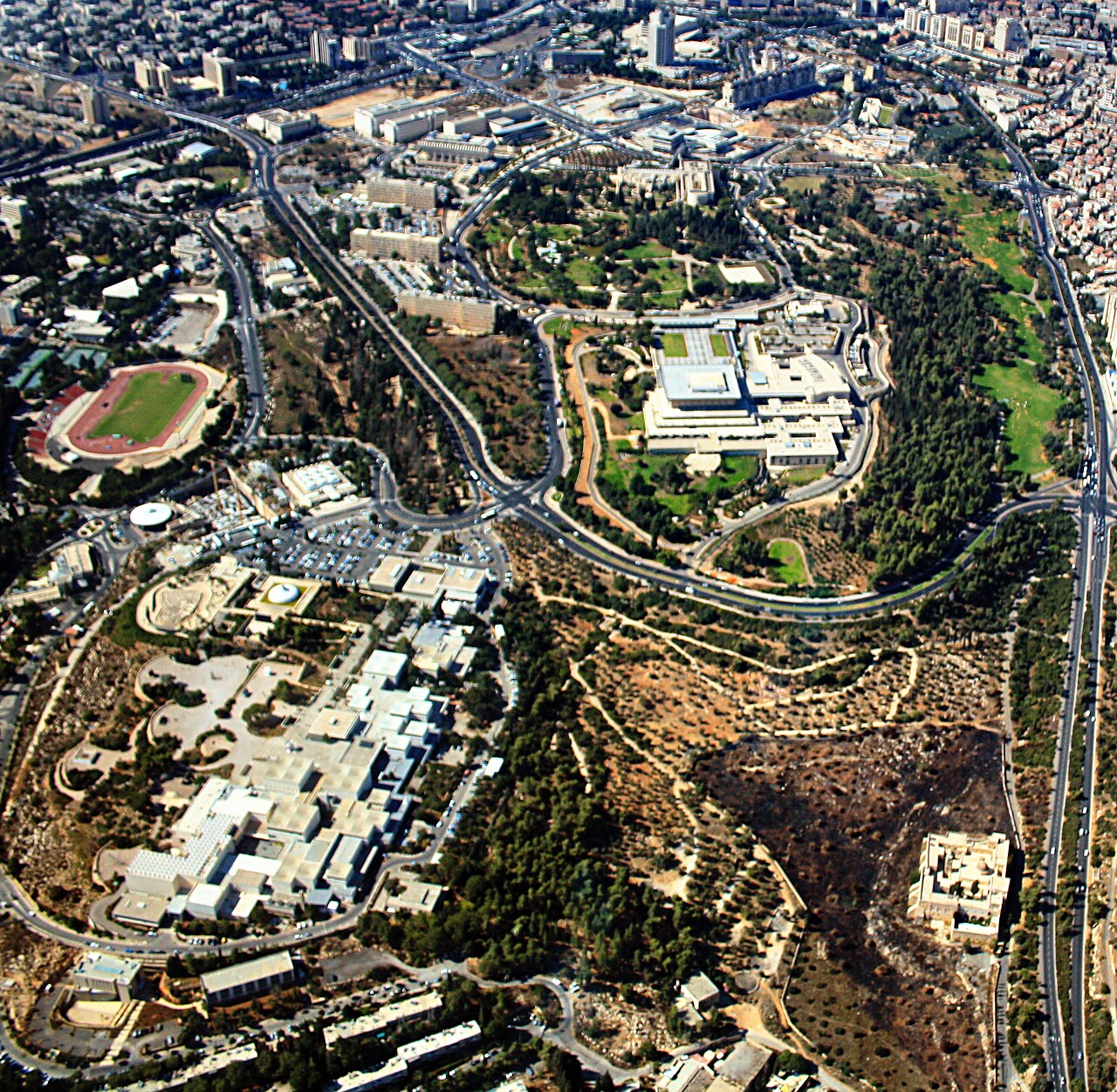 Aerial view of Givat Ram, Jerusalem, with the Knesset and the government office complex