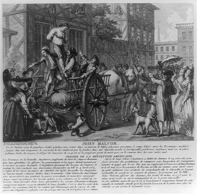 John Malcom: a French engraving of a man standing on a cart being tarred and feathered in a crowded street, with explanatory French text below