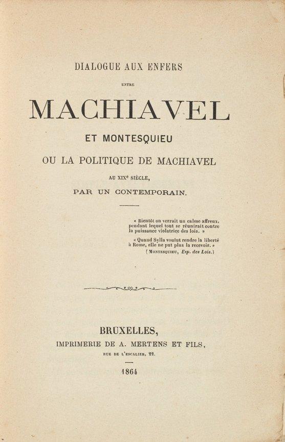 Cover of the 1864 first edition of Maurice Joly's Dialogue aux enfers entre Machiavel et Montesquieu